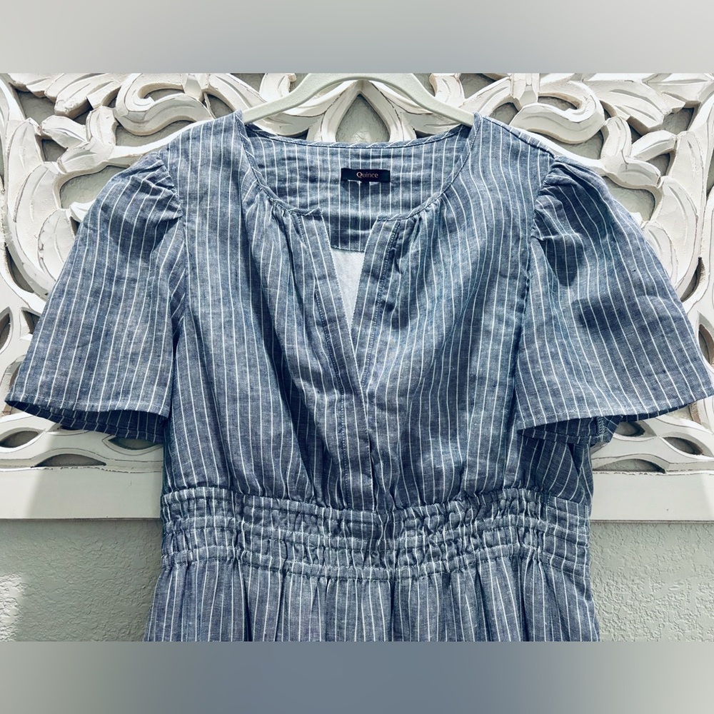 Quince European Linen Chambray Blue Striped Tiered Maxi Dress - Picture 10 of 12